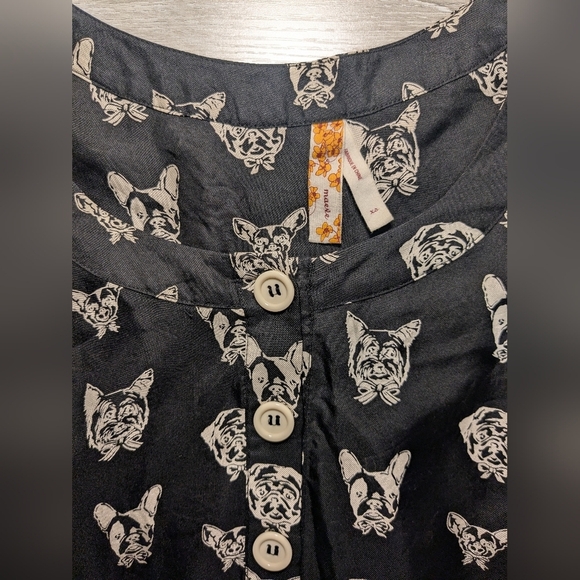 Anthropologie Black Dog Print 100% Silk Short Sleeve Button-Up Mini Slip Dress - Picture 6 of 8